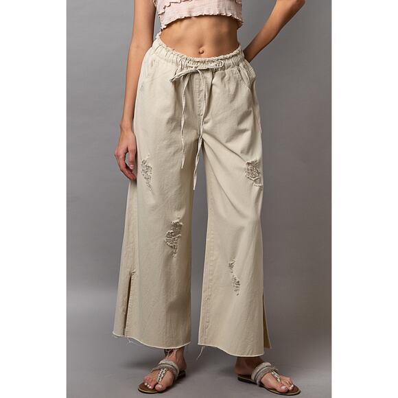POL High Rise Distressed Adjustable Drawstring Side Slit Wide Leg Pants | Cream - Picture 4 of 4